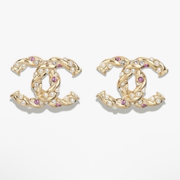 Authentic CHANEL A23 Gold Twist Pink Crystal & Glass Pearl XL CC Stud Earrings - Picture 1 of 14